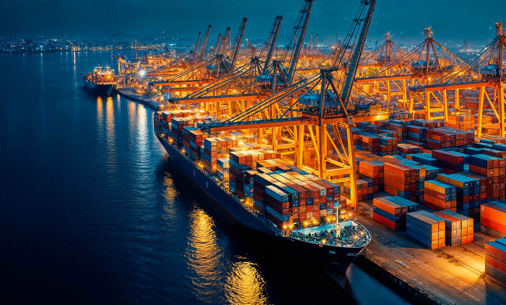 Global ocean freight container transport and maritime logistics
